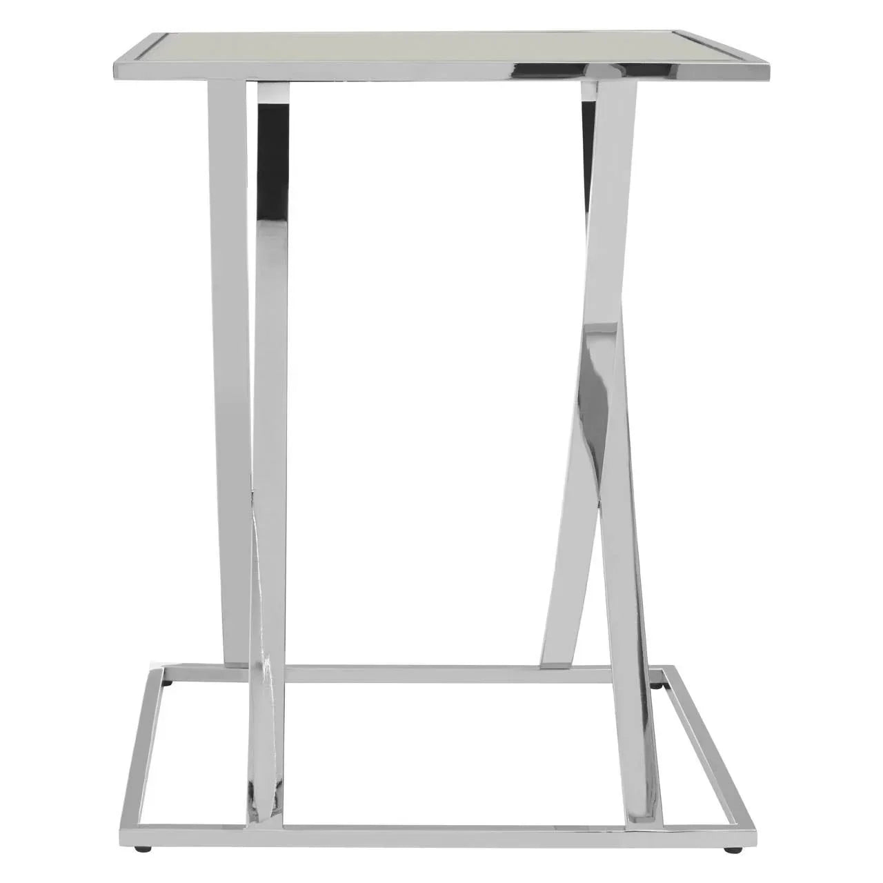 chrome metal side table with rectangular glass top and geometric base, front view