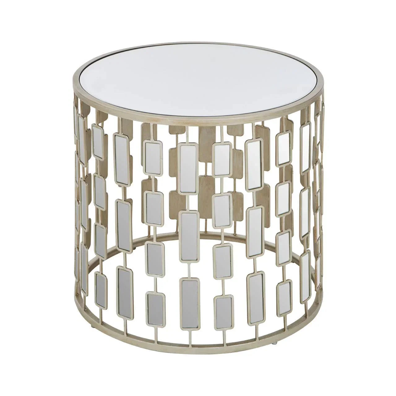 Round mirrored side table with geometric gold metal frame and glass top