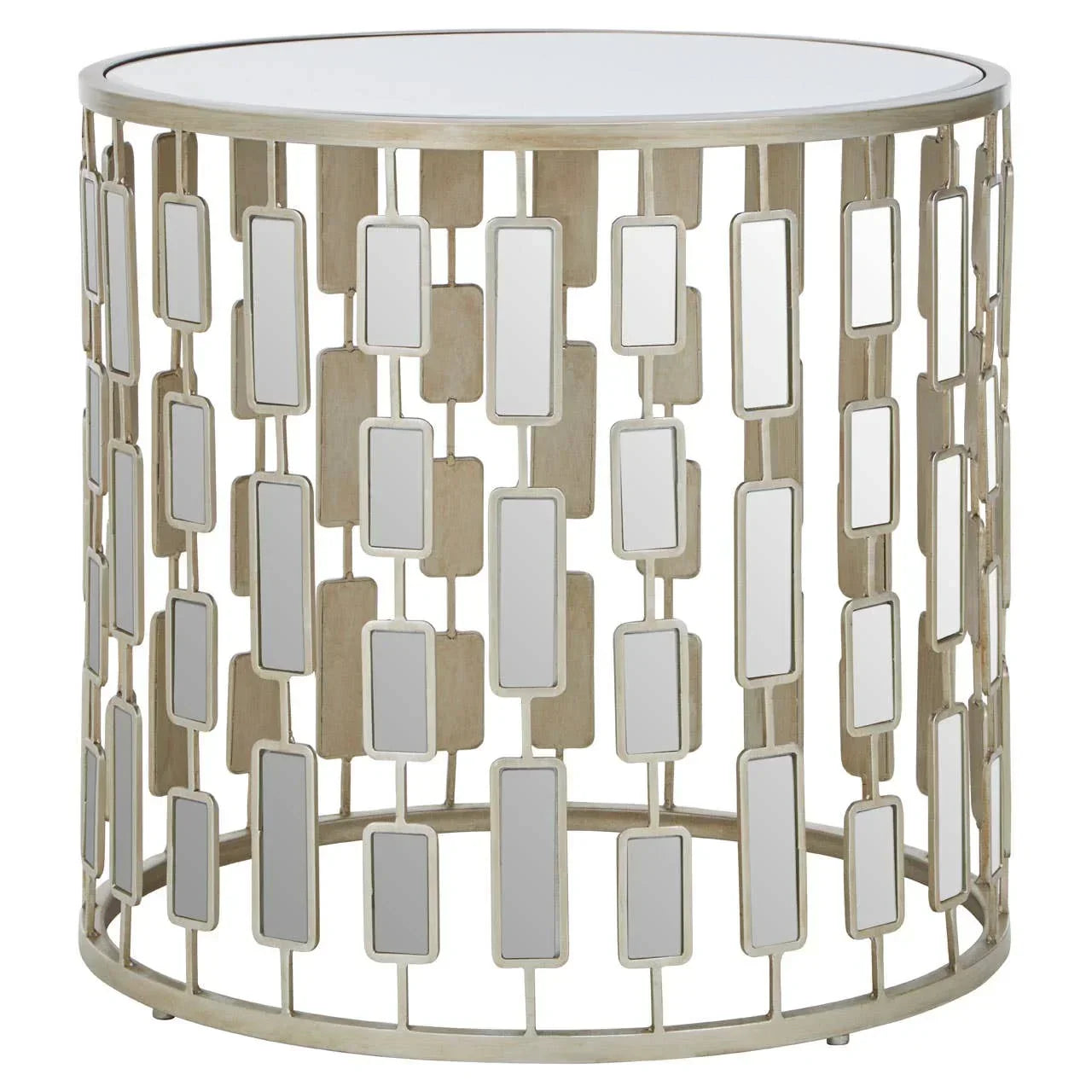 Modern round side table with mirrored metal frame and glass top