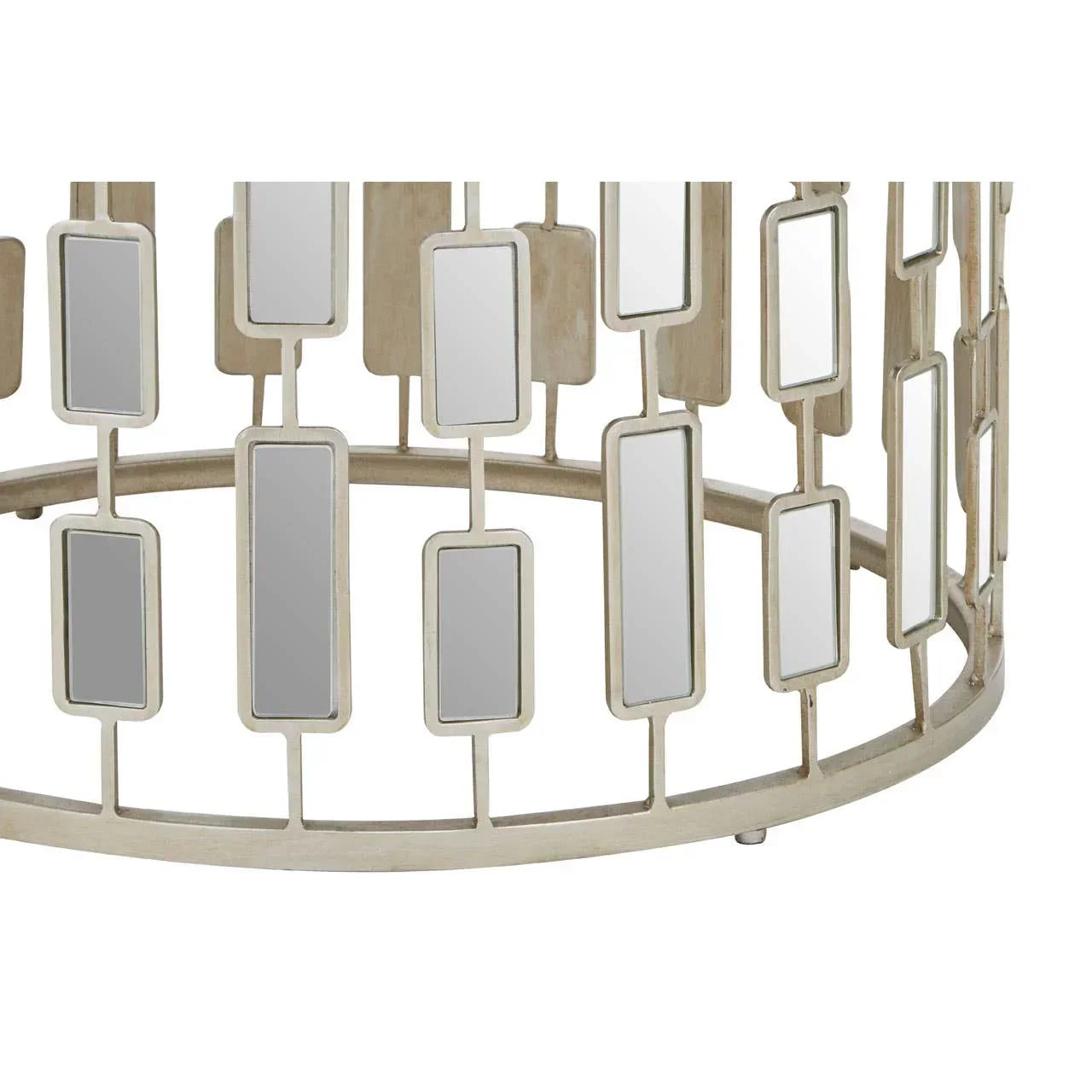 silver metal coffee table base with rectangular mirror accents and modern geometric design
