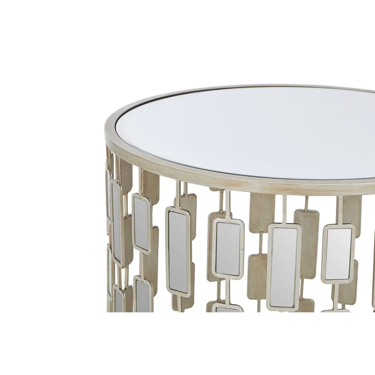 Glass top side table with geometric mirrored metal base, contemporary home furniture