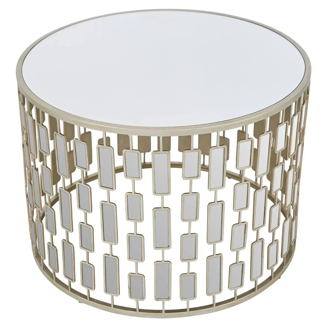 Round glass coffee table with gold geometric metal base, mirrored rectangular accents