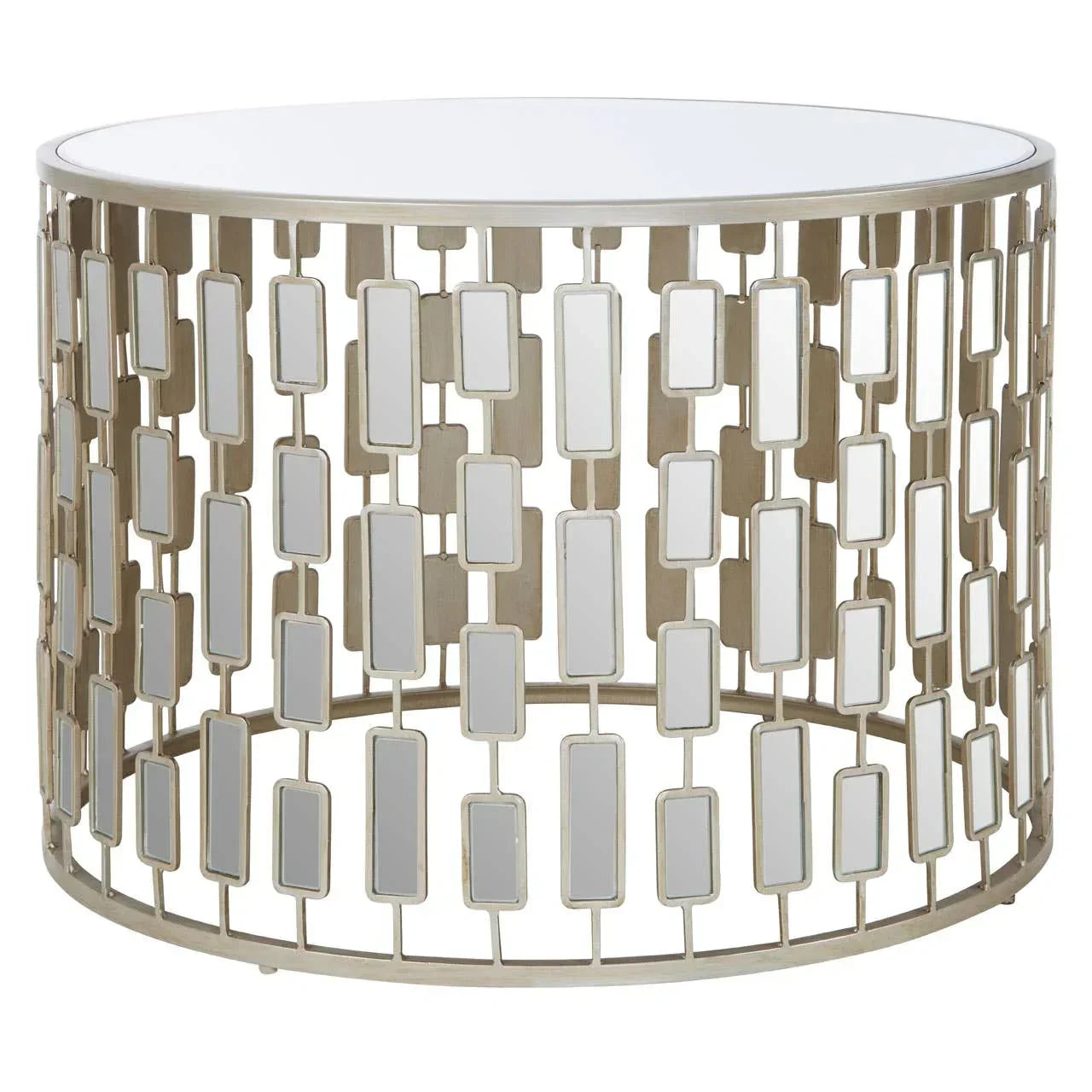Round coffee table with mirrored rectangular panels and gold metal frame