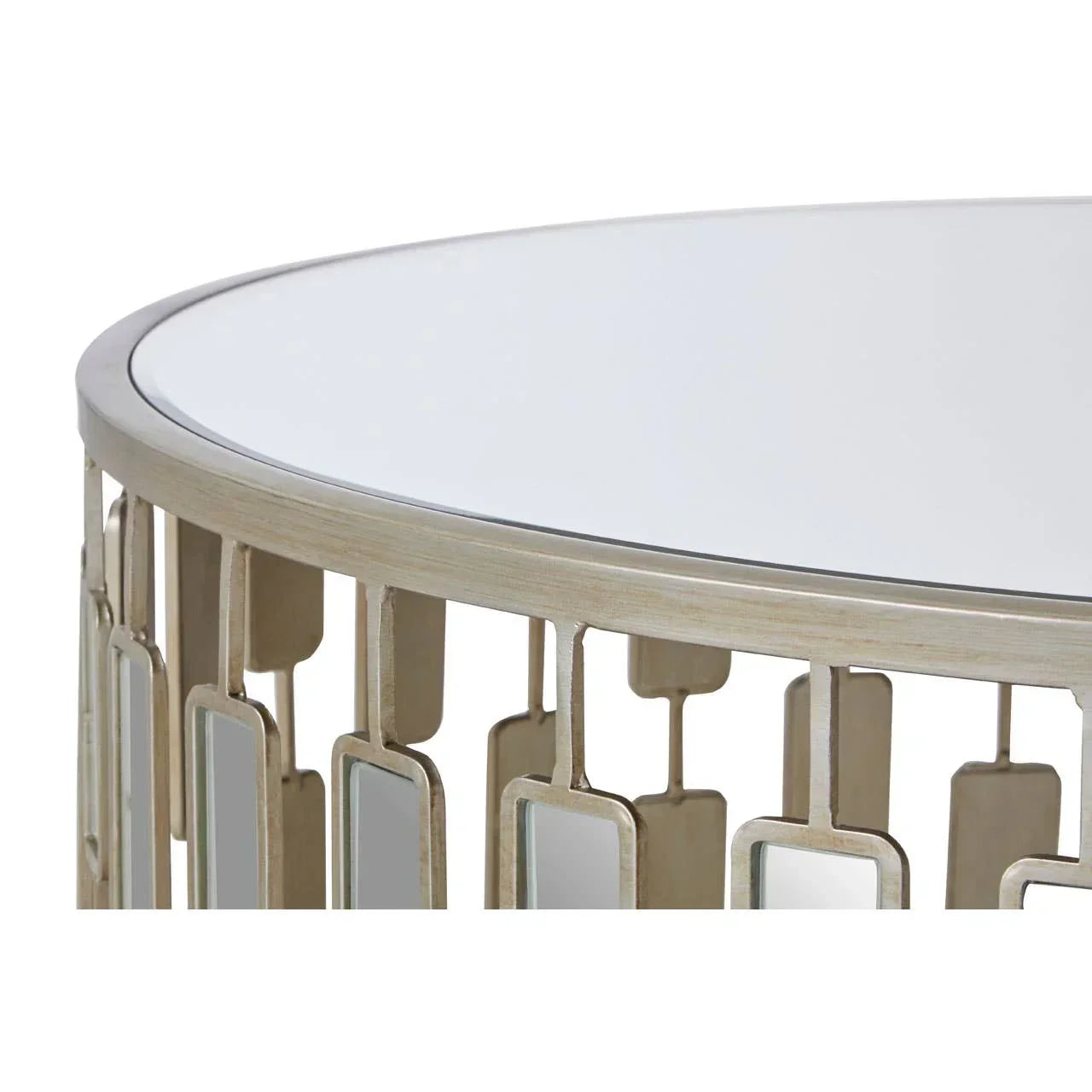 Round glass coffee table with gold metal frame and geometric mirrored accents
