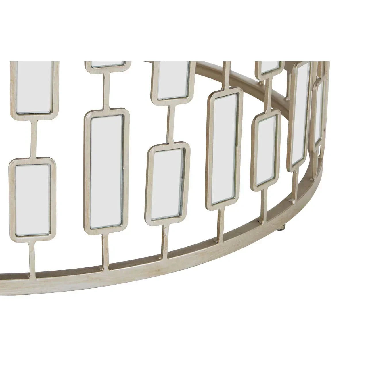 Rectangular mirrored coffee table base with geometric metal frame, silver finish, close view