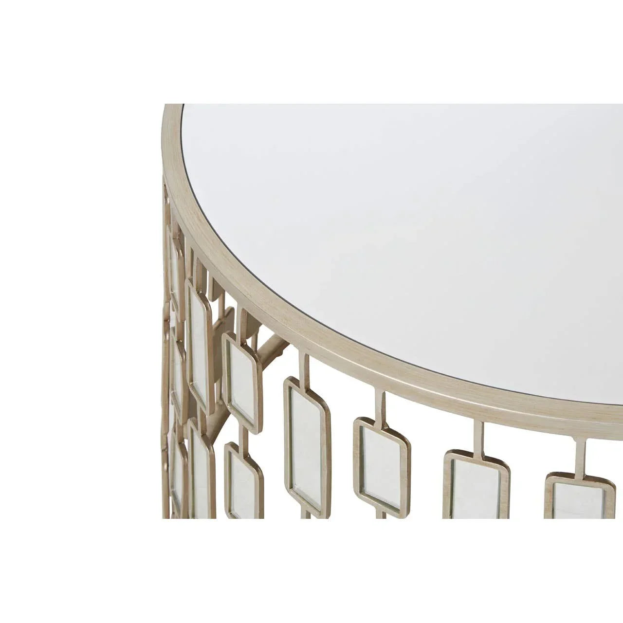 Round glass top side table with gold geometric metal frame detail