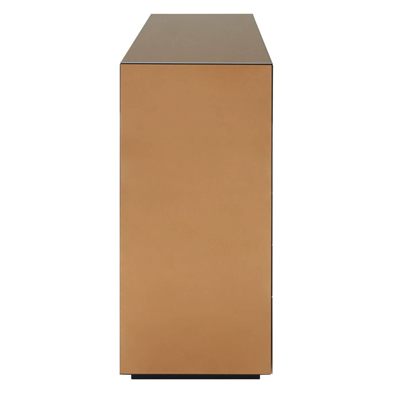 A sleek console table with a tinted mirror finish, featuring a rectangular shape and smooth edges. The surface is reflective, enhancing the modern aesthetic, while the base has a warm, metallic hue that complements the mirror. The overall design is minimalist and elegant, suitable for contemporary home decor