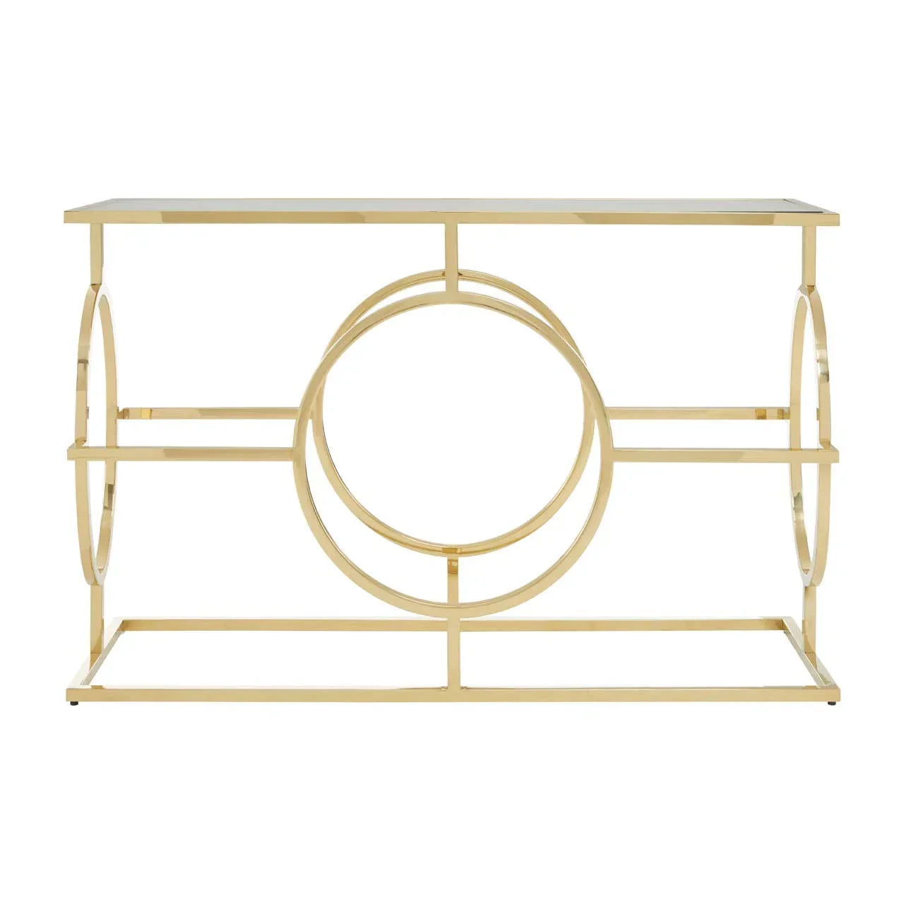 Gold metal console table with circular geometric frame and rectangular glass top