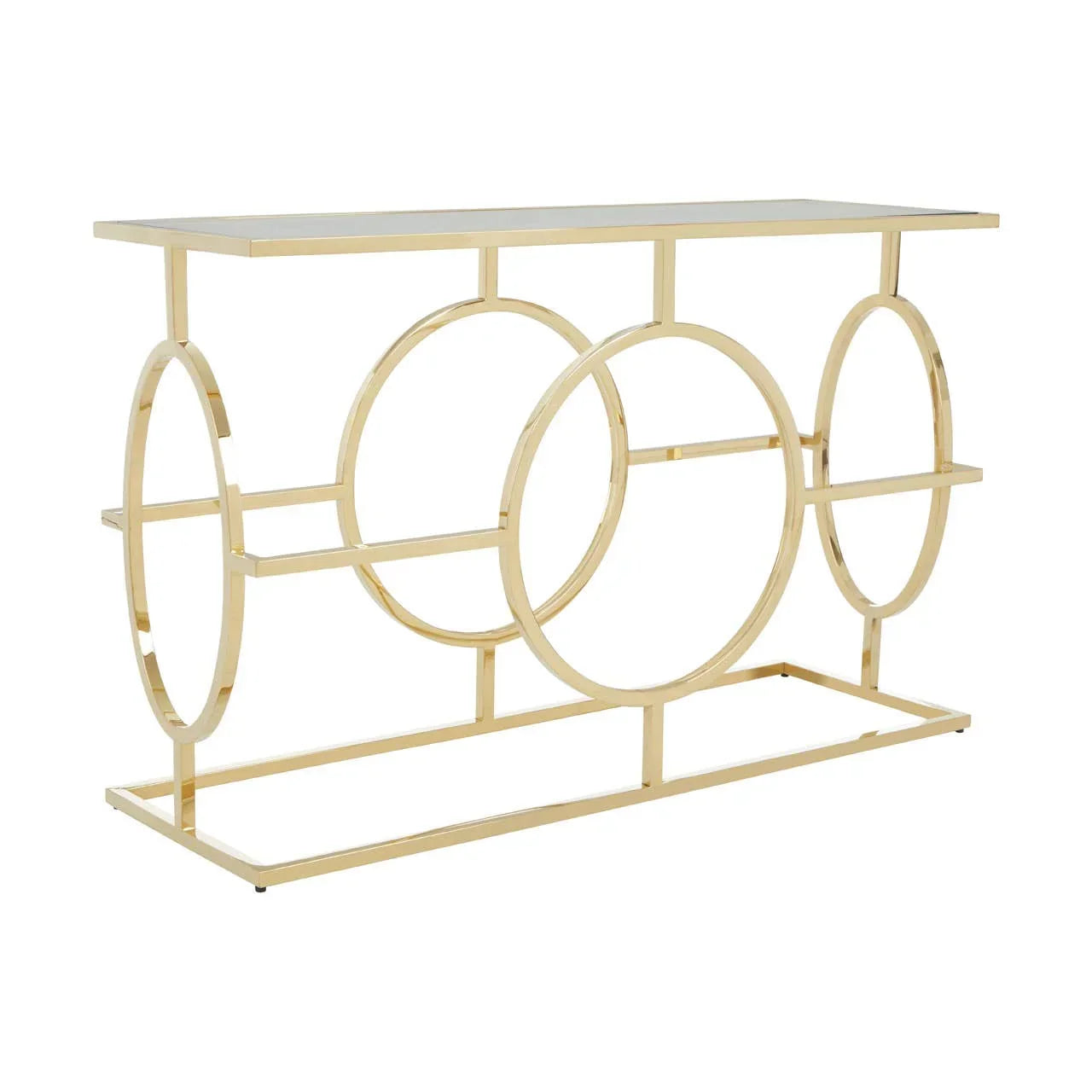 Gold metal console table with geometric circular frame and glass top