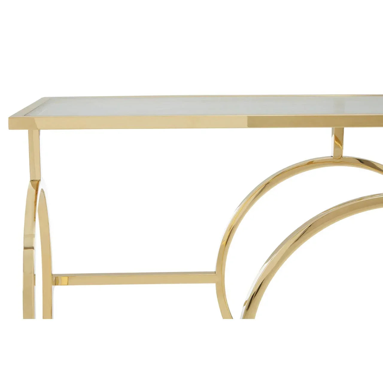 Glass console table with gold metal frame and modern curved base detail