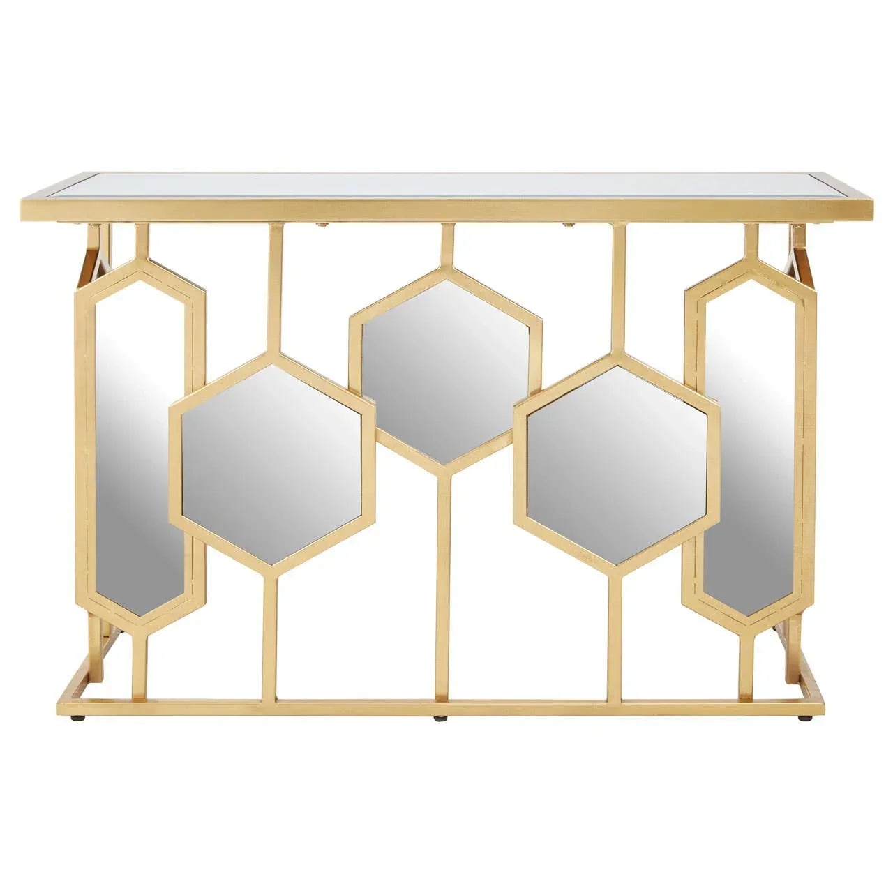 Gold console table with hexagonal mirror accents and mirrored top