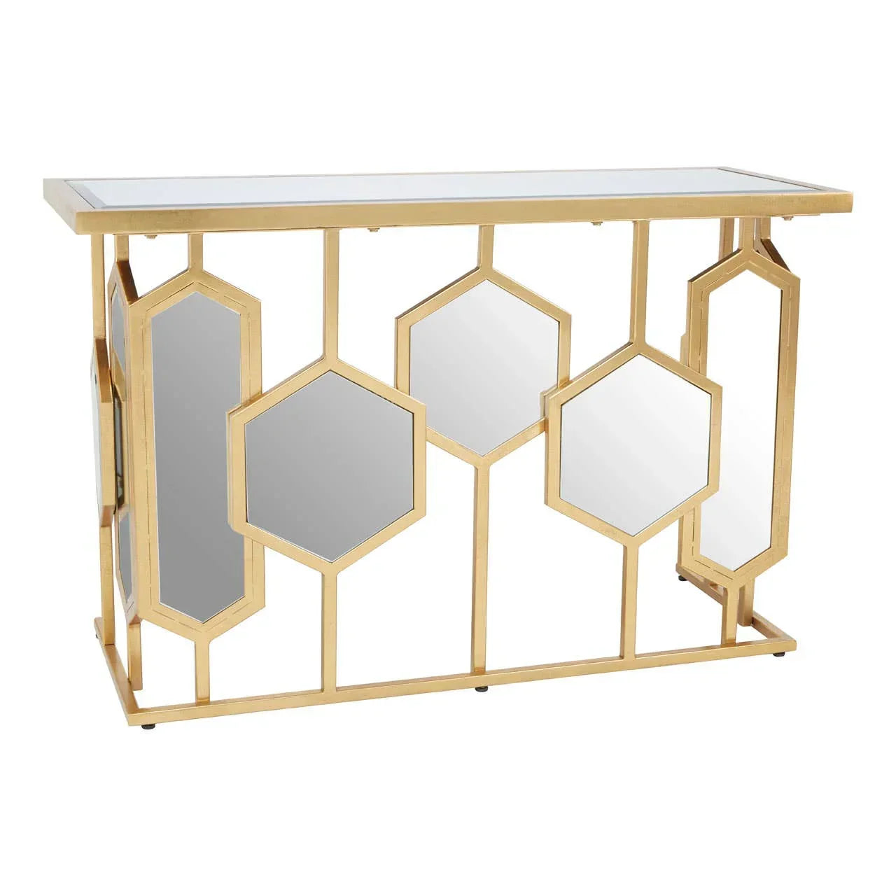 Gold metal console table with mirrored hexagonal panels and rectangular glass top