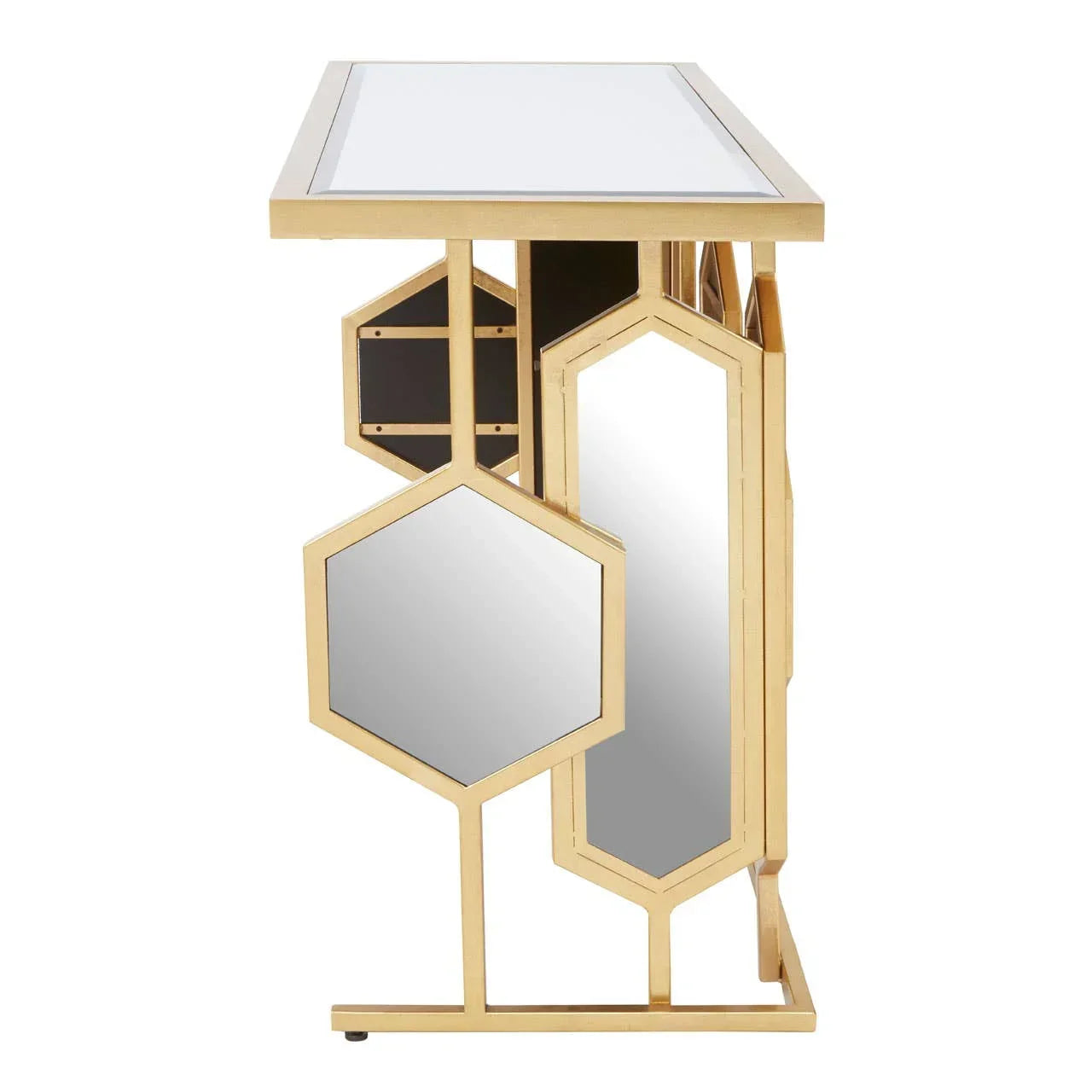 Gold console table with geometric mirrored panels and white top, side view