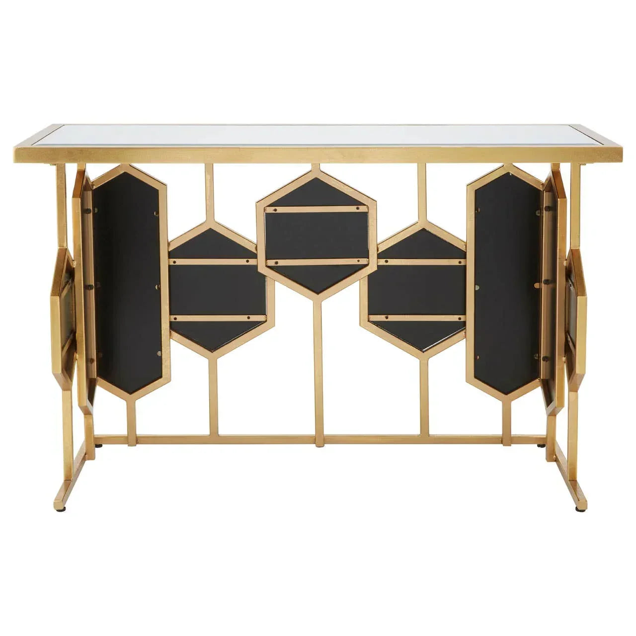Gold metal console table with geometric black panels and mirrored top