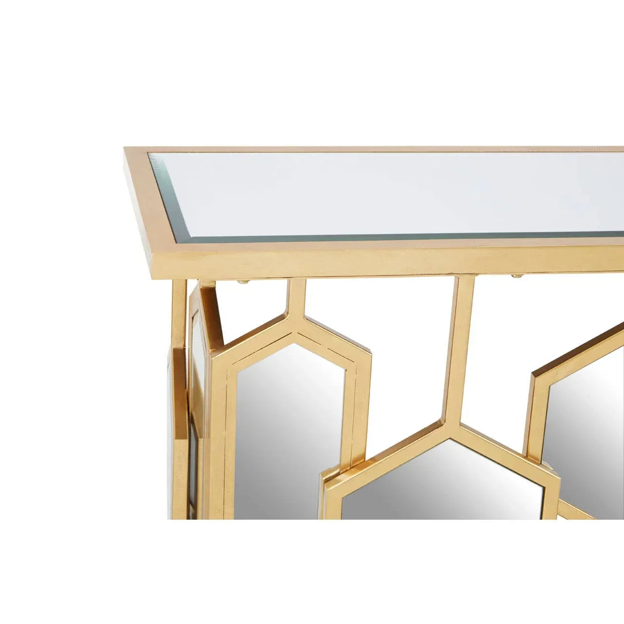 Glass top gold console table with geometric metal frame and mirror panel accents