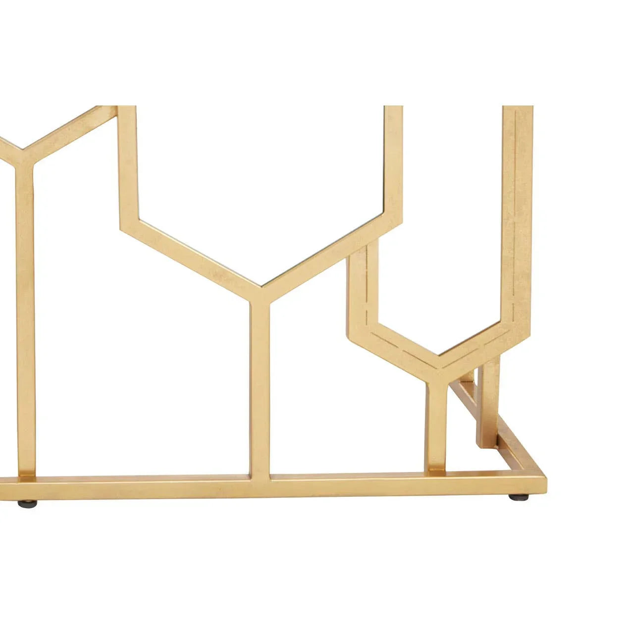 Gold metal table base with geometric pattern and rectangular frame