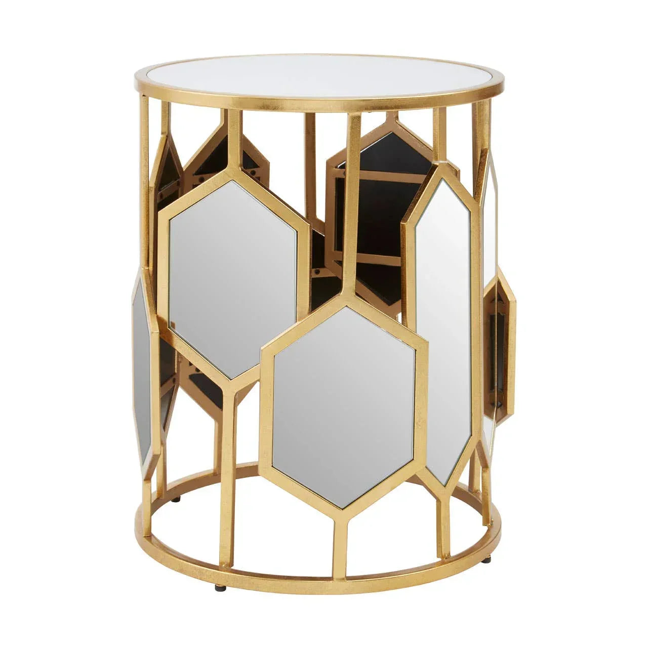 Gold metal side table with hexagon mirrored panels and round white top