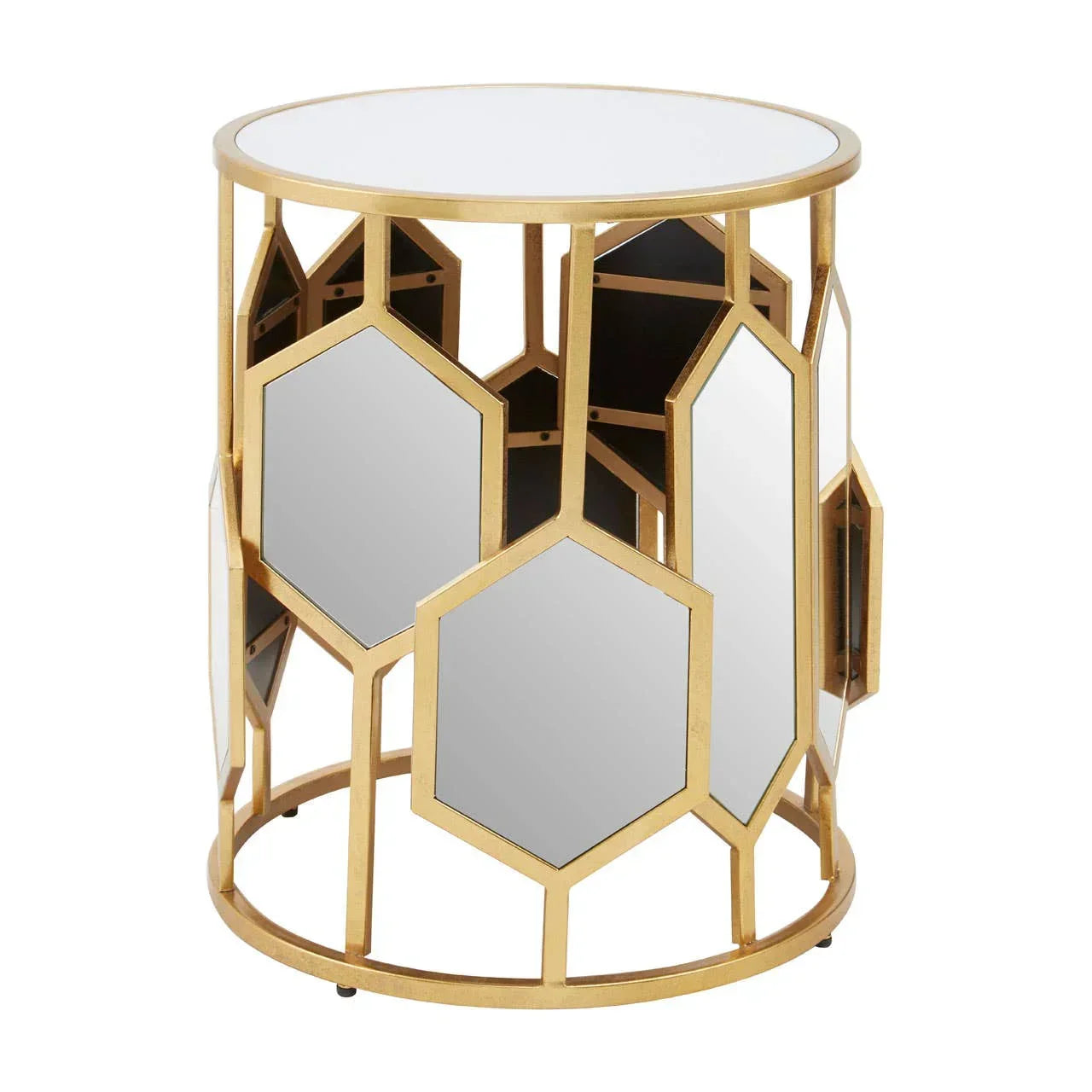 Gold metal side table with mirrored hexagon panels and round glass top