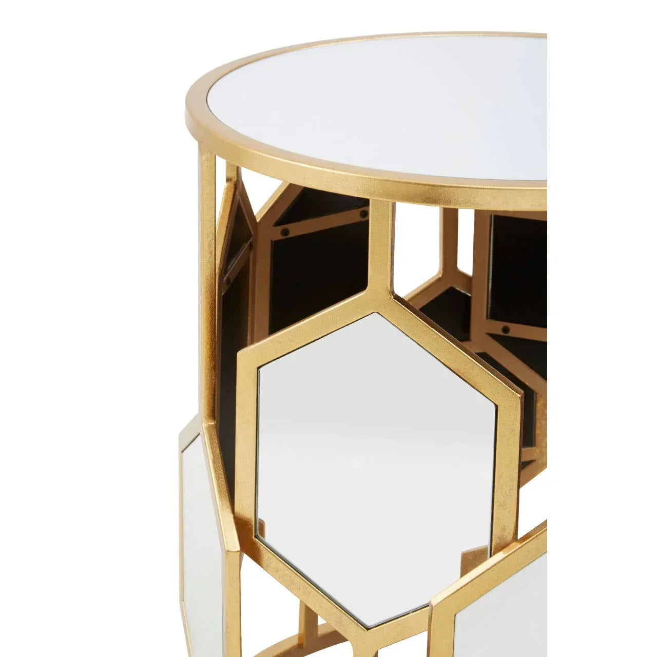 Round gold side table with mirrored honeycomb pattern and white glass top