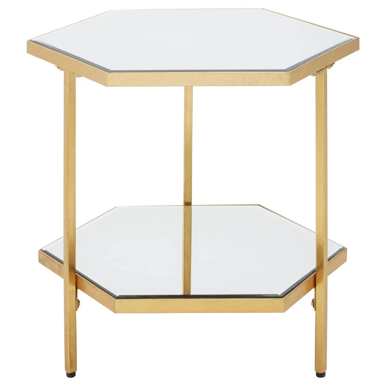 Hexagonal glass side table with gold metal frame and two shelves
