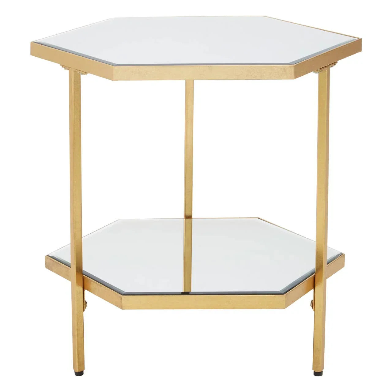 Hexagonal glass side table with gold metal frame and two-tier shelves