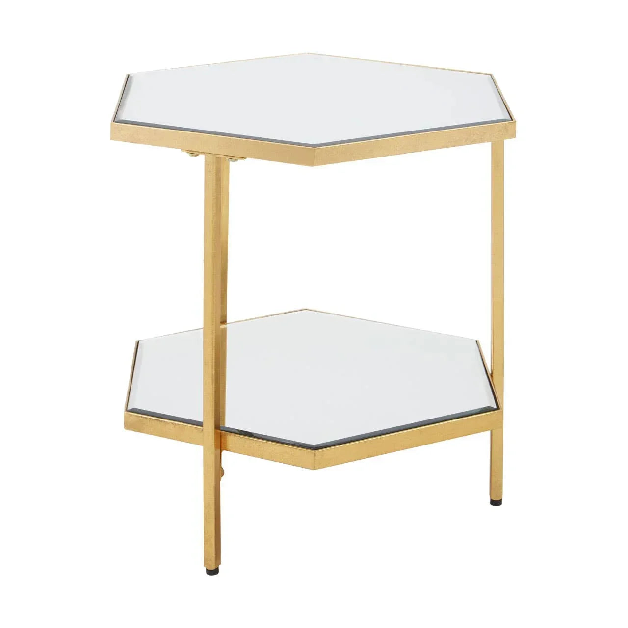 Hexagonal gold metal side table with two mirrored glass shelves