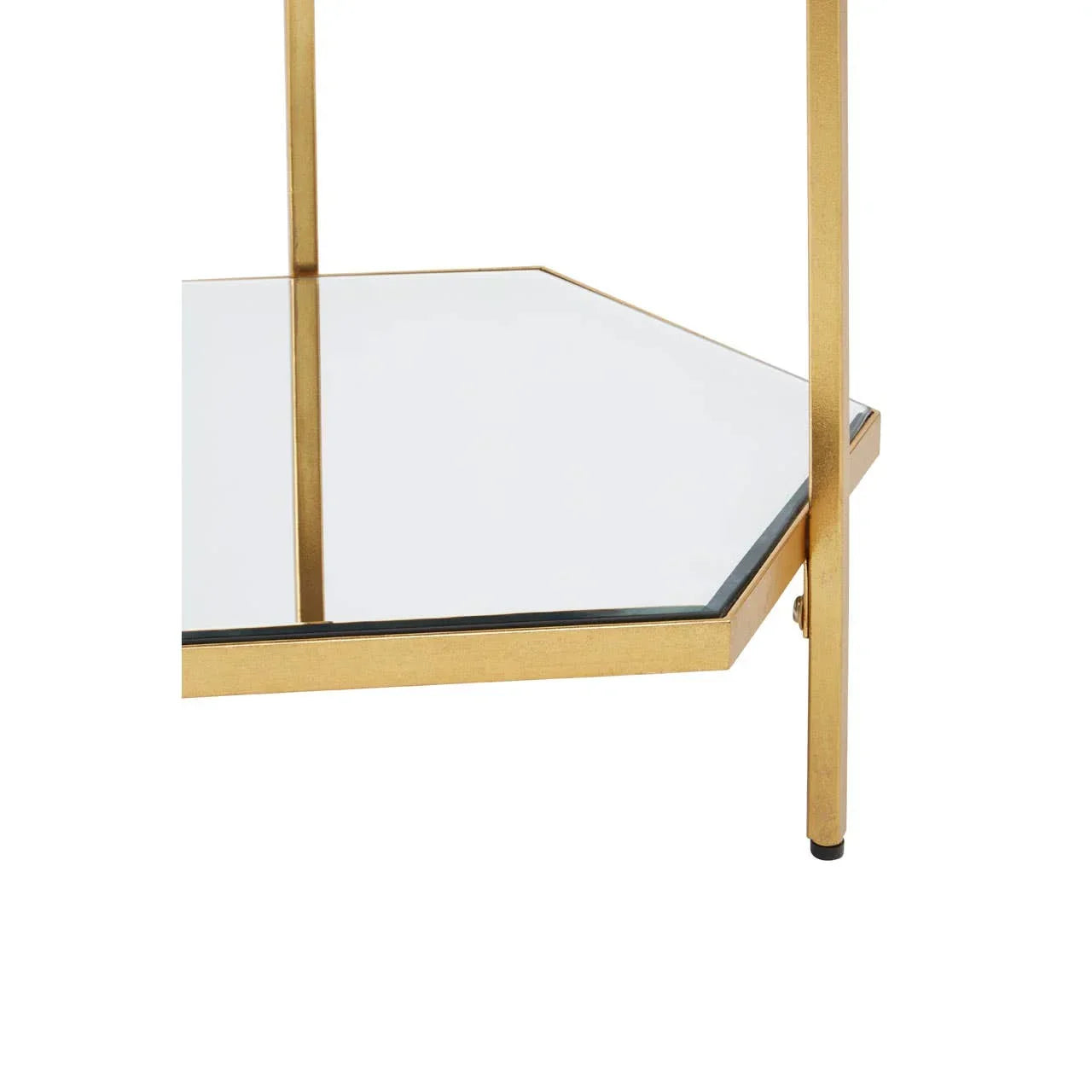 Gold metal and glass shelf detail on modern side table