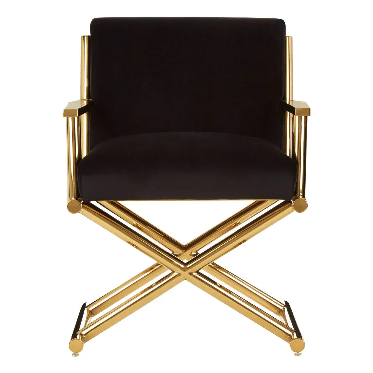 Velvet accent chair with gold metal frame and armrests, front view