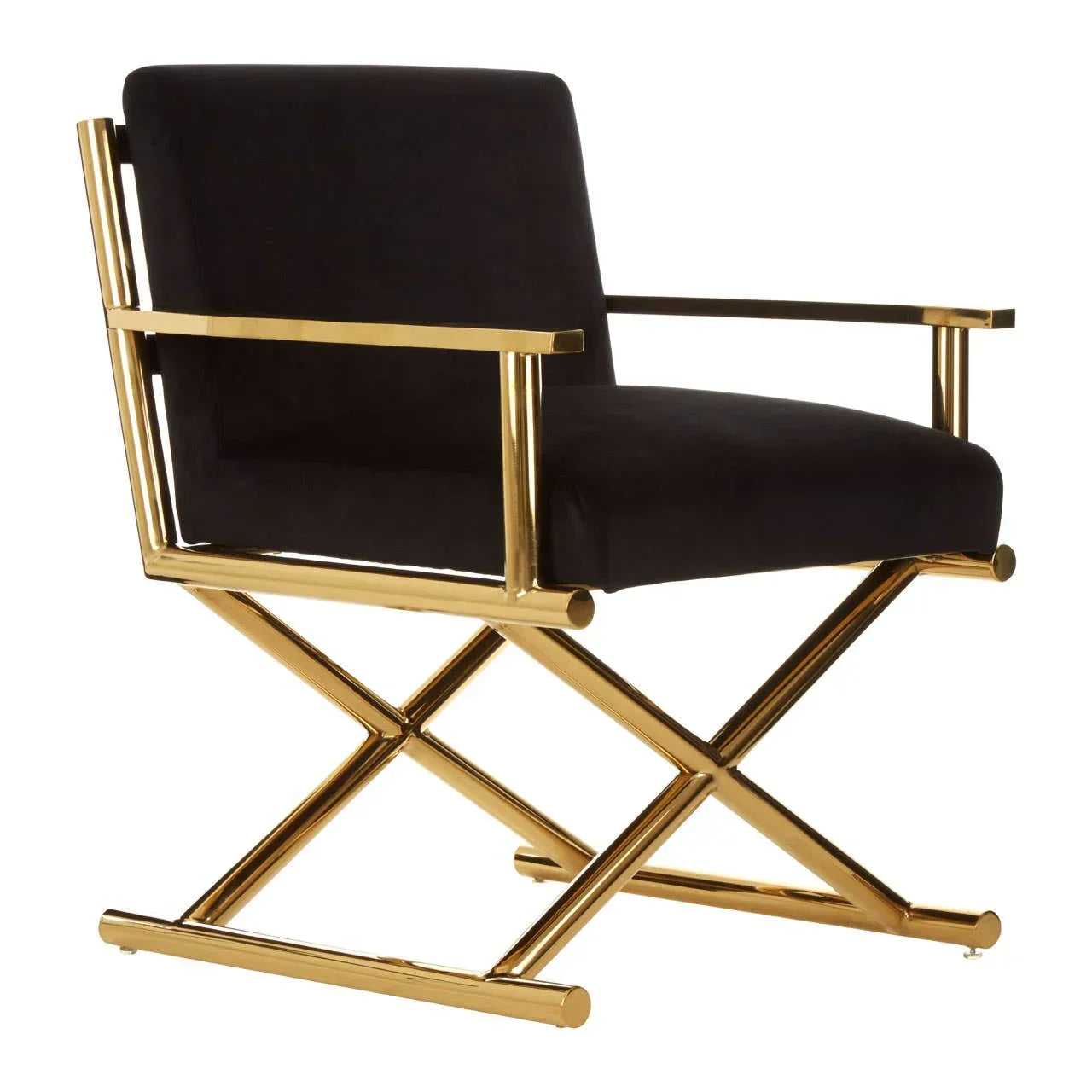 Black velvet accent chair with gold metal frame and armrests, side view