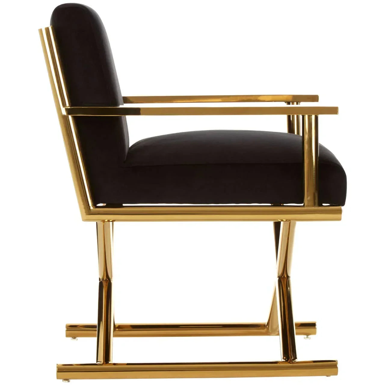Black velvet armchair with gold metal frame, side view