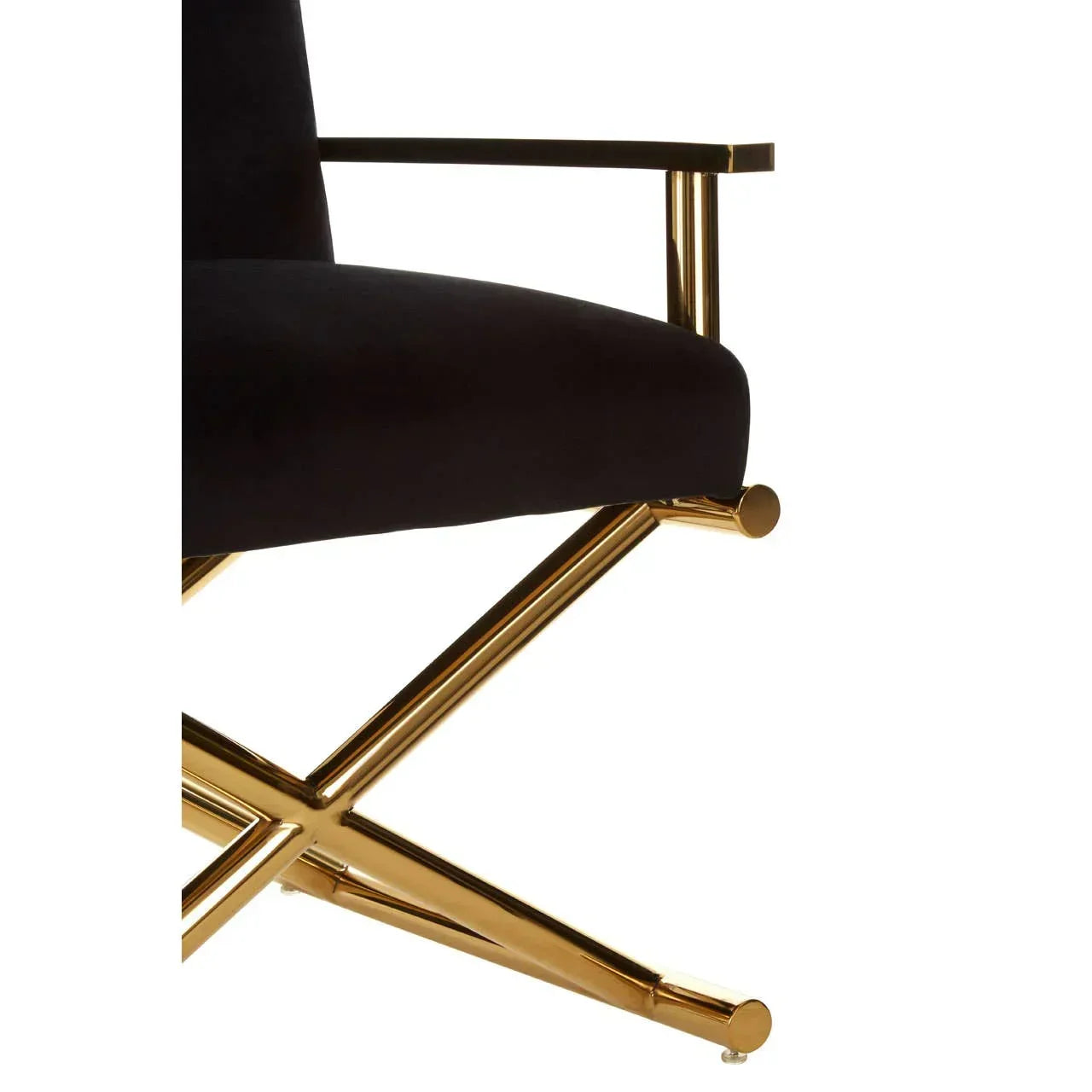 Black armchair with gold metal frame and modern cross-leg base, side view