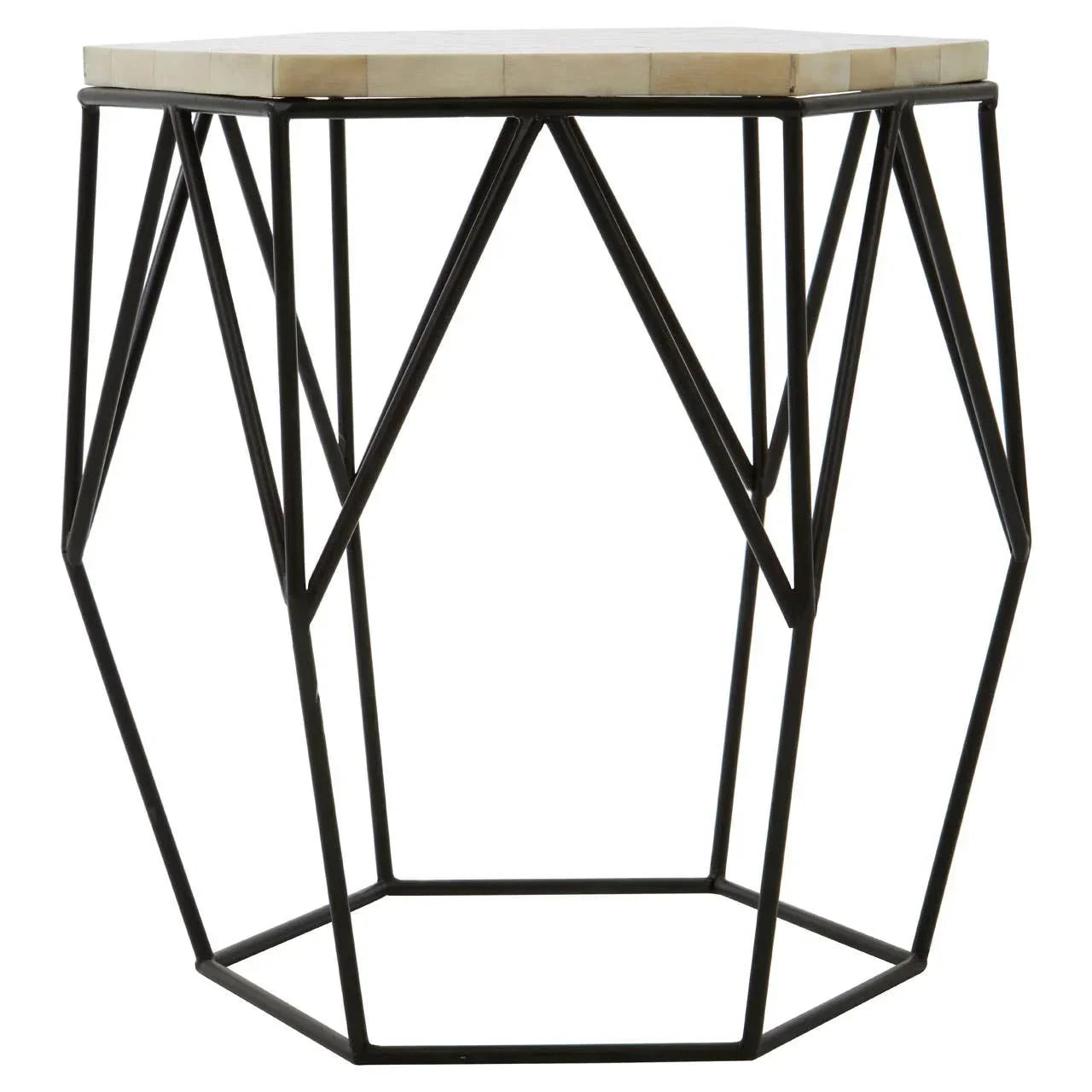 Geometric side table with black metal frame and light wood top