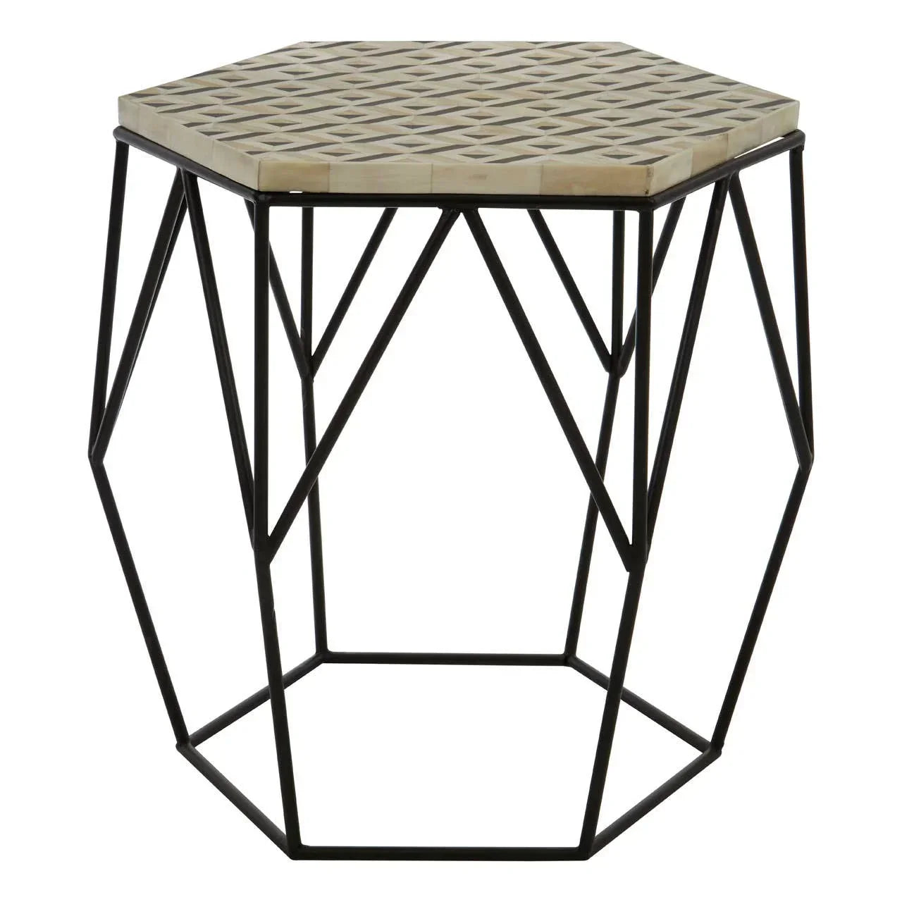 Hexagonal side table with geometric black metal frame and lattice wood top
