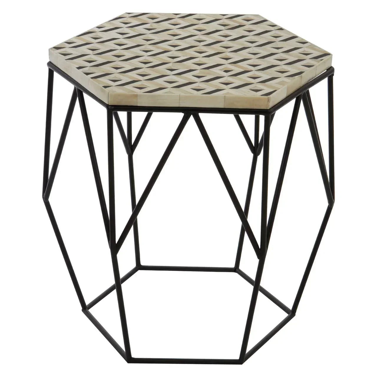 Hexagonal side table with patterned bone inlay top and black metal geometric frame