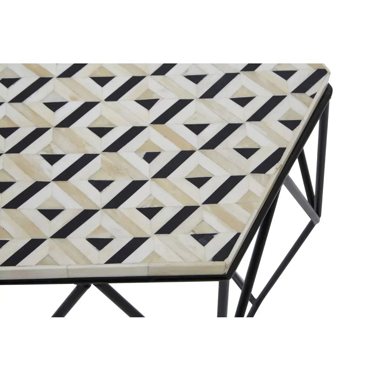 Geometric patterned coffee table with black and white mosaic top and metal legs