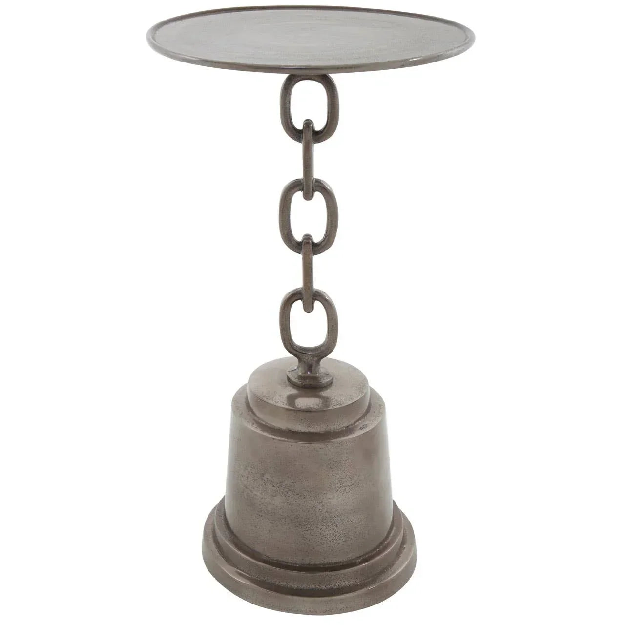 Round metal side table with chain link stem and bell-shaped base in grey finish