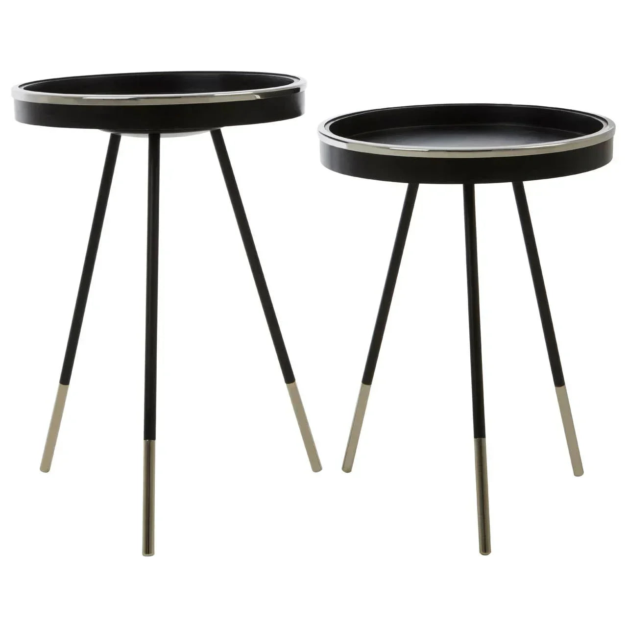 Set of two round black side tables with metal legs and silver accents