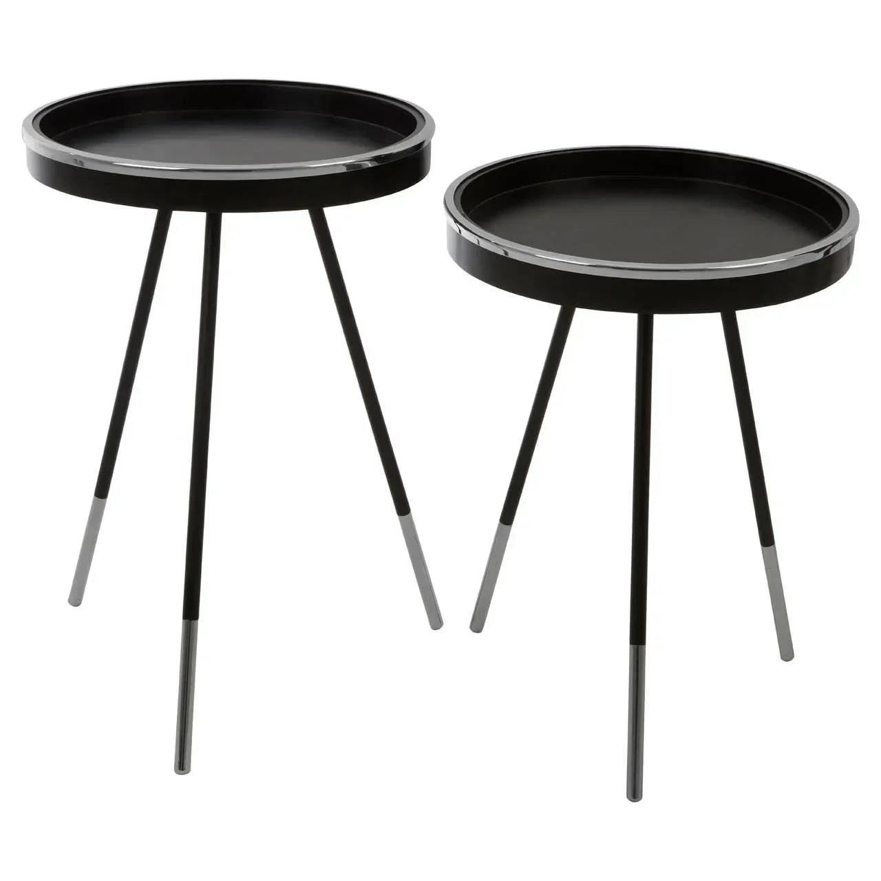 Black round metal nest of tables with slim tripod legs and silver tips