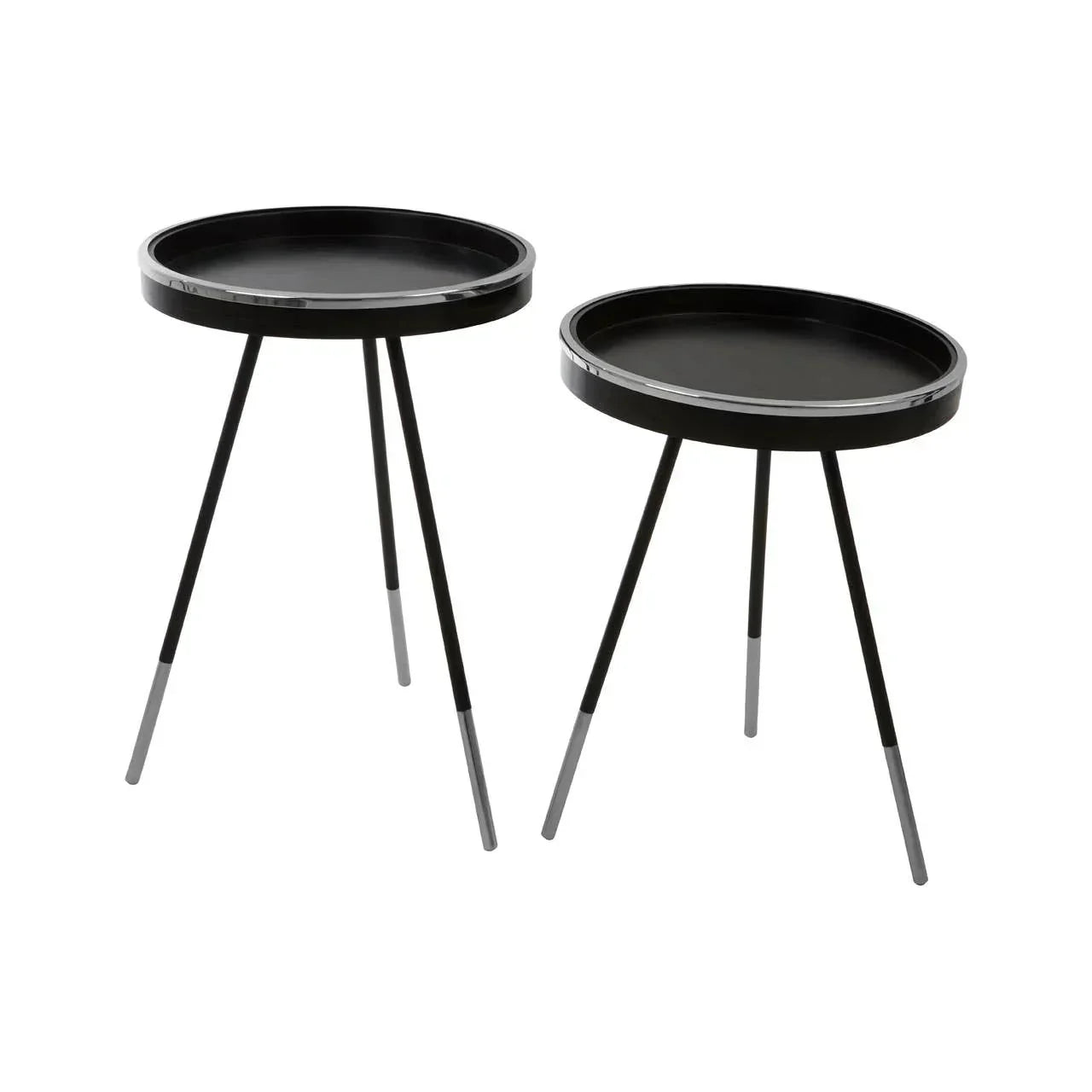 Set of two black metal nesting side tables with round trays and slim tapered legs