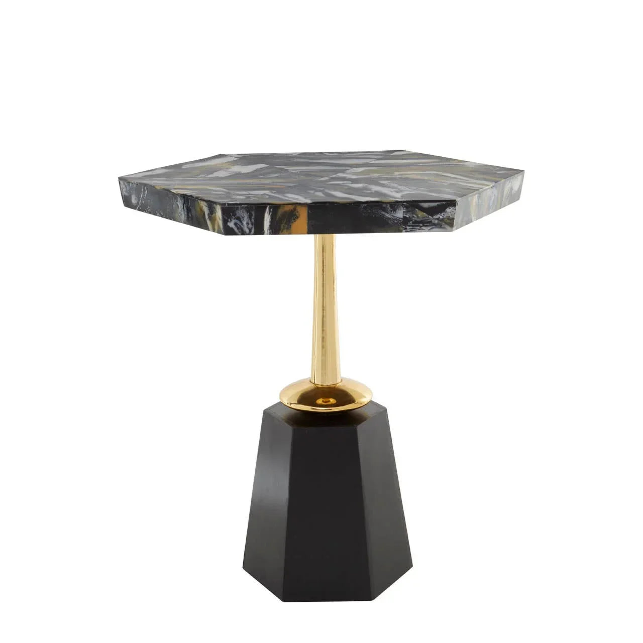 Hexagonal black marble side table with gold pedestal base on white background