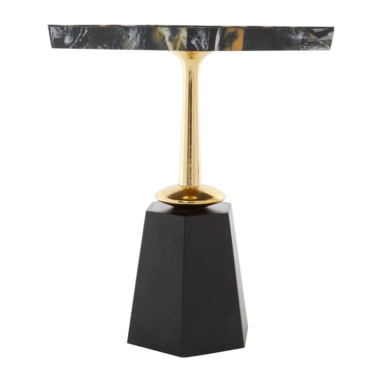 Black and gold side table with marble top and angular geometric base
