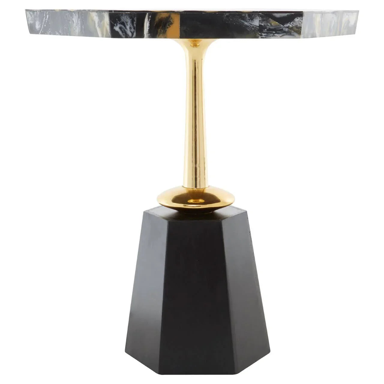 Modern black marble side table with gold metal stem and geometric black base