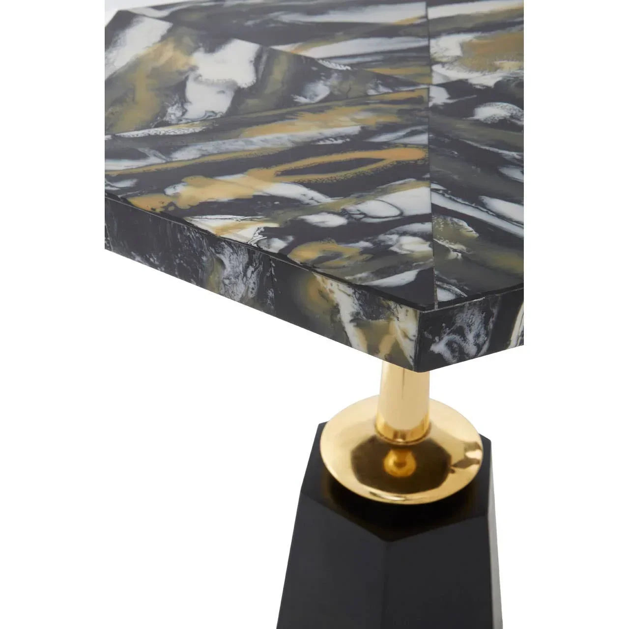 Black and gold marble effect side table corner with gold pedestal base closeup