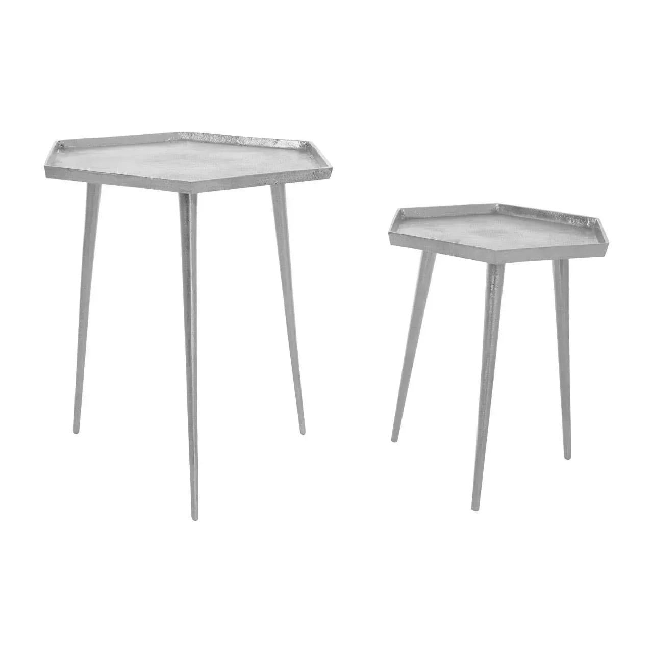 Silver hexagonal metal nesting side tables with slender legs, set of two