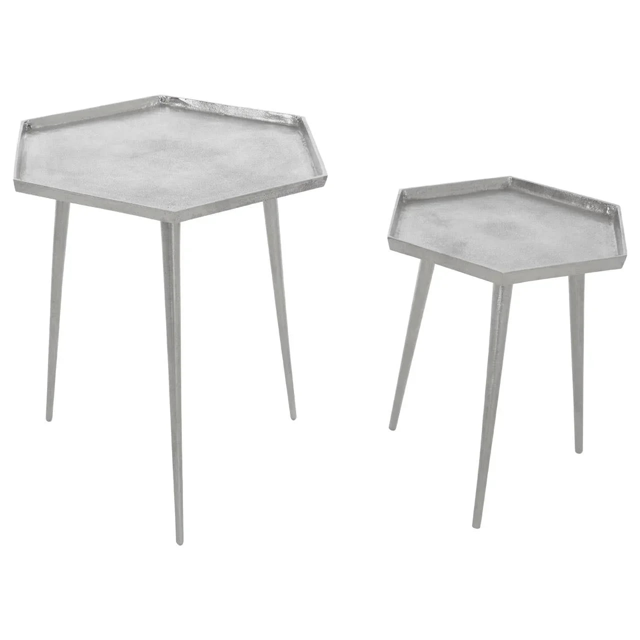 Set of two silver metal hexagonal side tables with three slender legs