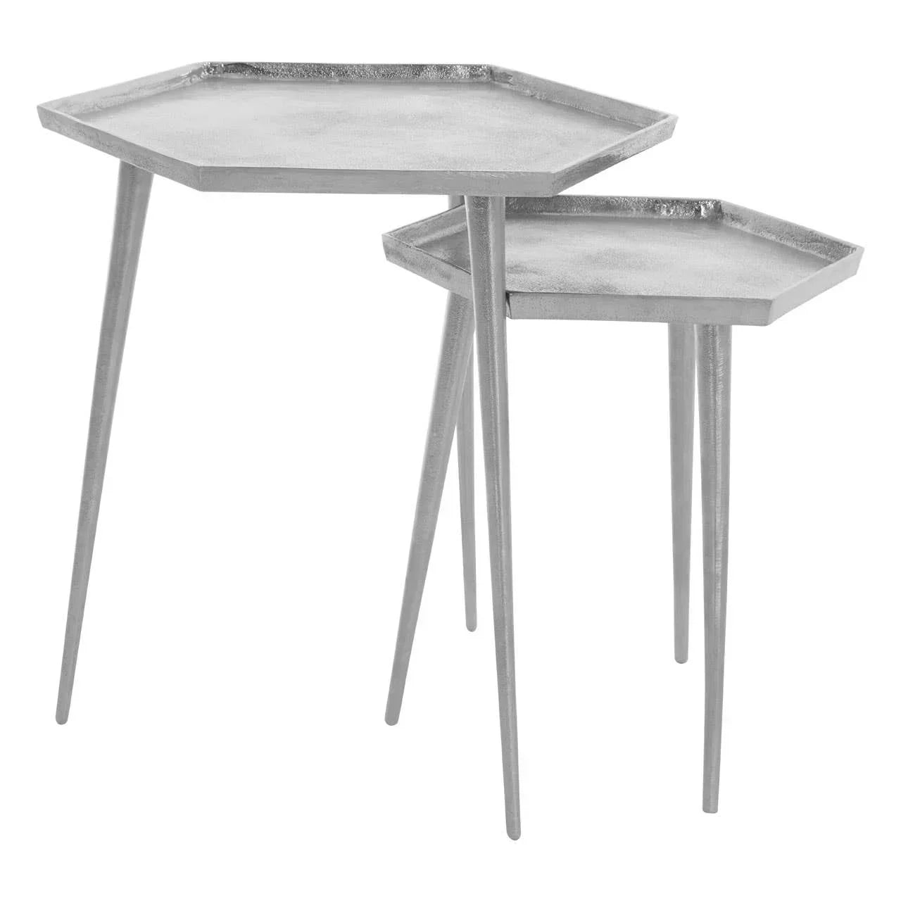 Set of two hexagonal silver metal nesting side tables with tapered legs