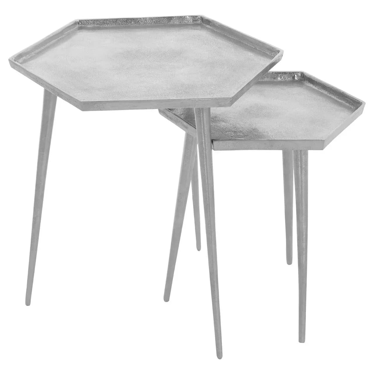 Set of two silver metal hexagonal side tables with slim tapered legs