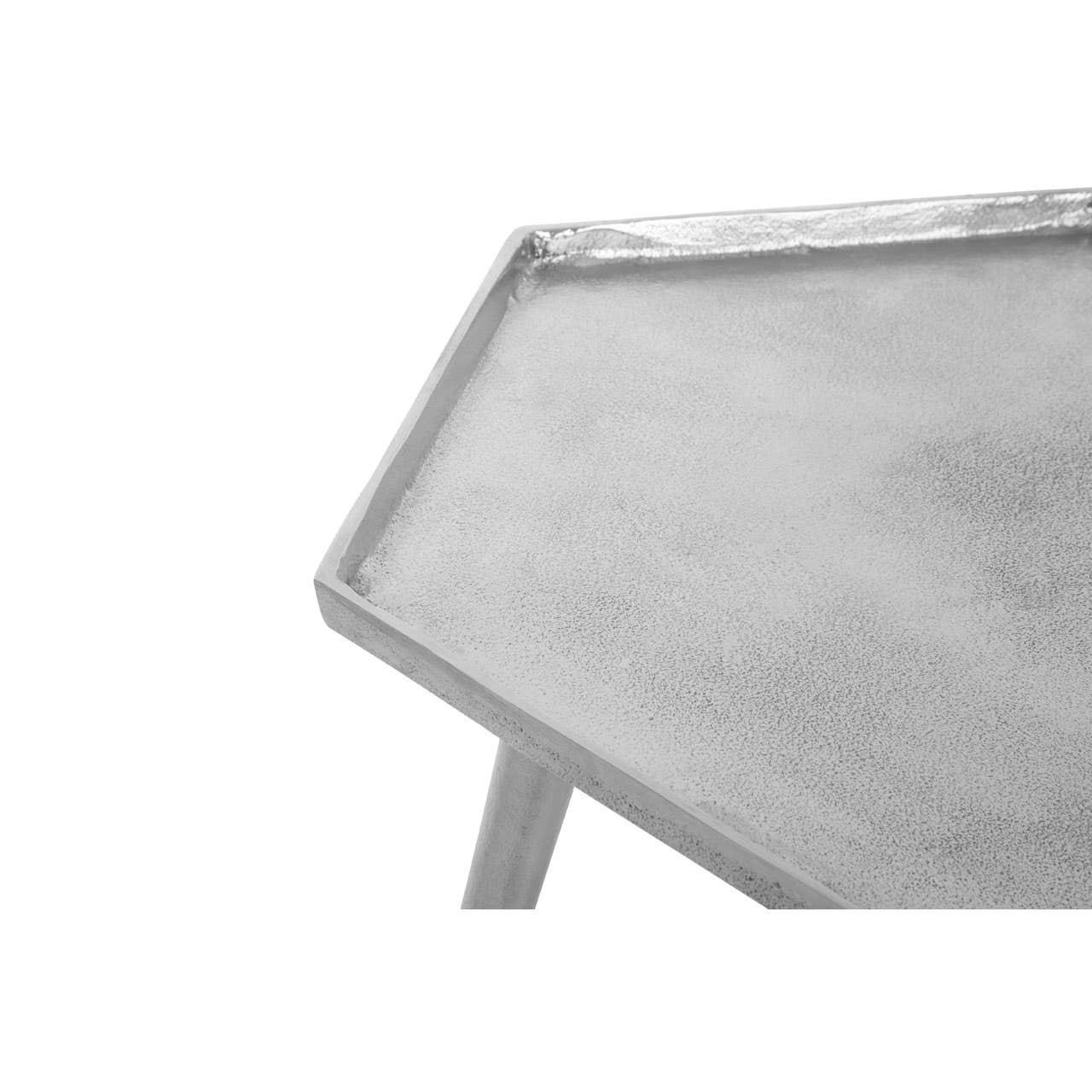 Close view of silver metal side table top with raised edge and three angled legs
