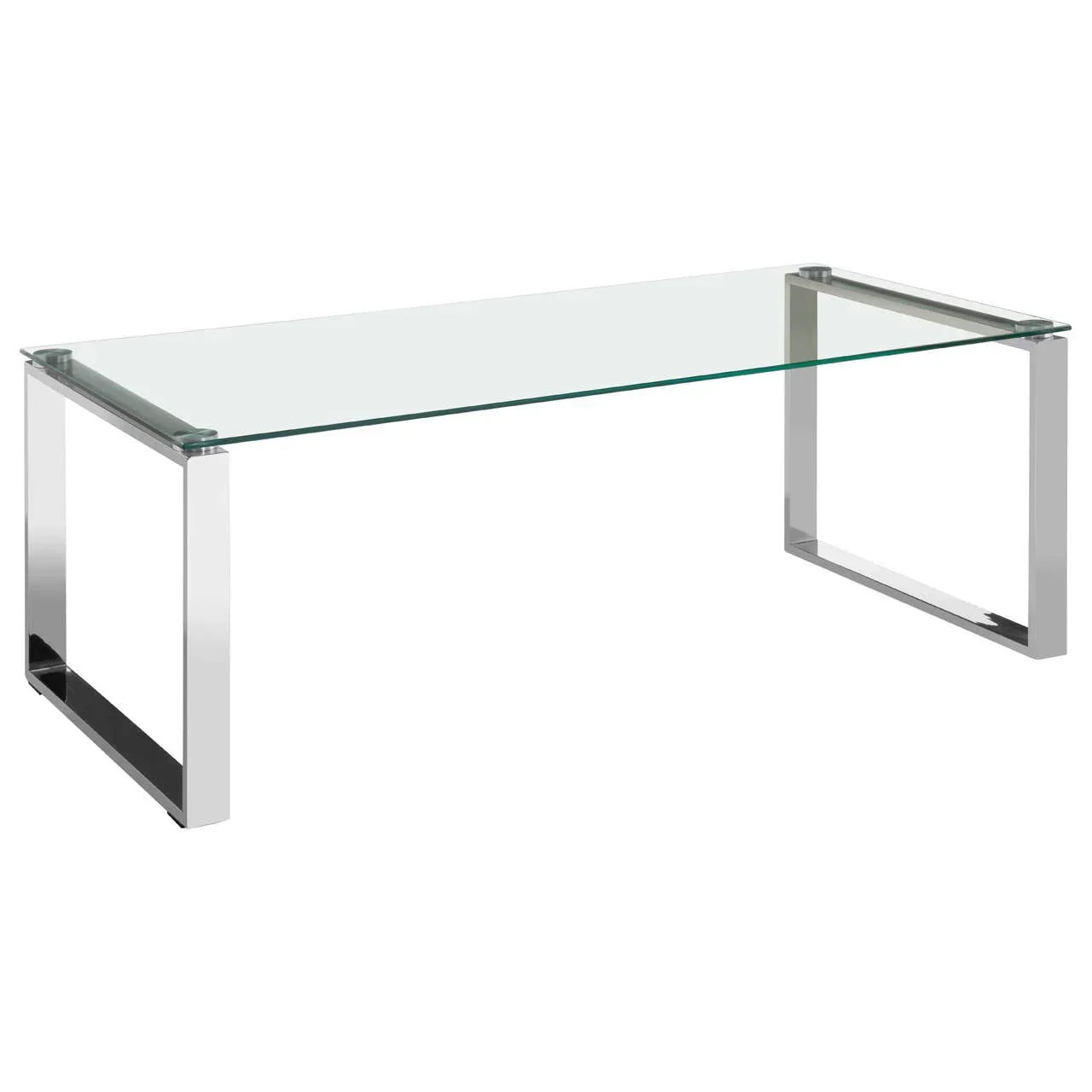 Glass coffee table with rectangular chrome metal legs on white background