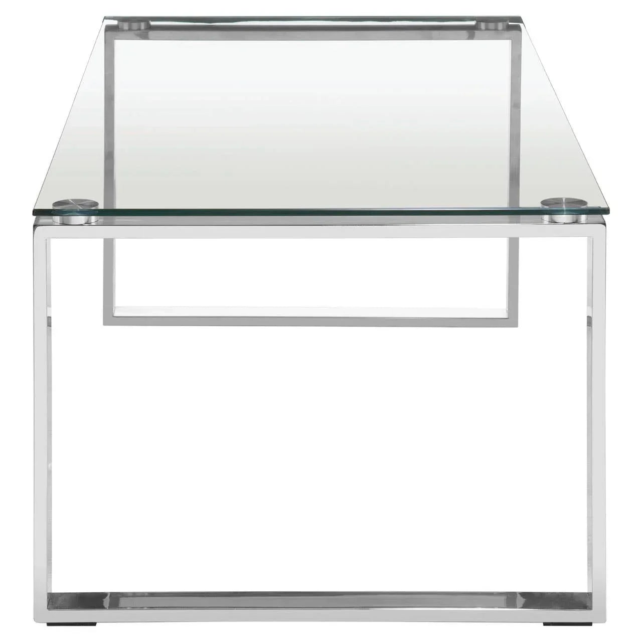 Modern glass coffee table with chrome metal frame, front angle